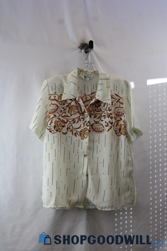 Richest Fashion Women's White/Brown Floral Embroider Short Sleeve Button Up Sz L