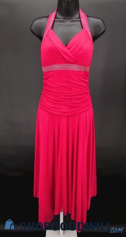 Trixxi Juniors Hot Pink Embellished Halter Neck Tea Length Formal Gown SZ M