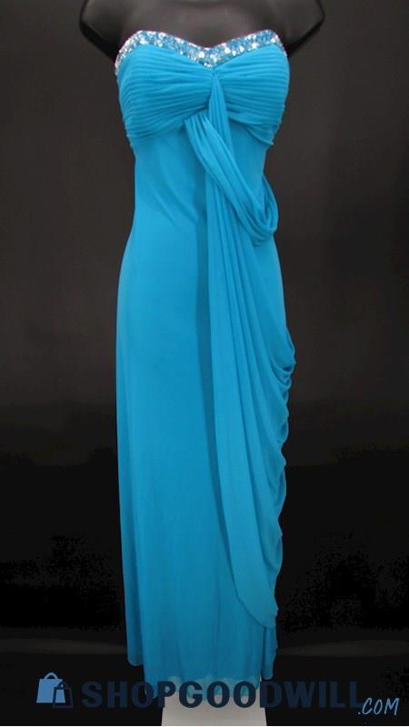 Roberta Juniors Aqua Blue Beaded Sequin Strapless Draped Formal Gown SZ 9