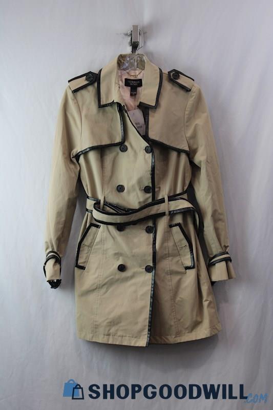 Victoria Secret Beige/Black Faux Leather Trim Double Breasted Trench Coat sz 12