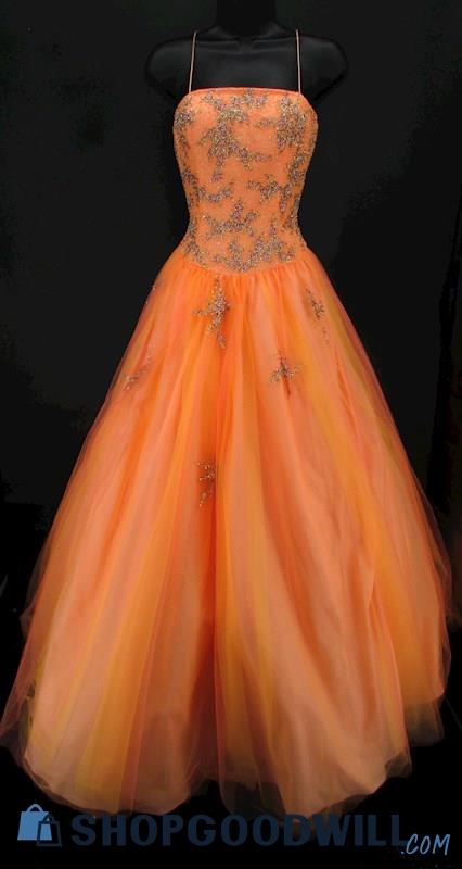 My Fashion Women's Coral Pink & Orange Beaded Bodice Tulle Ballgown SZ 4