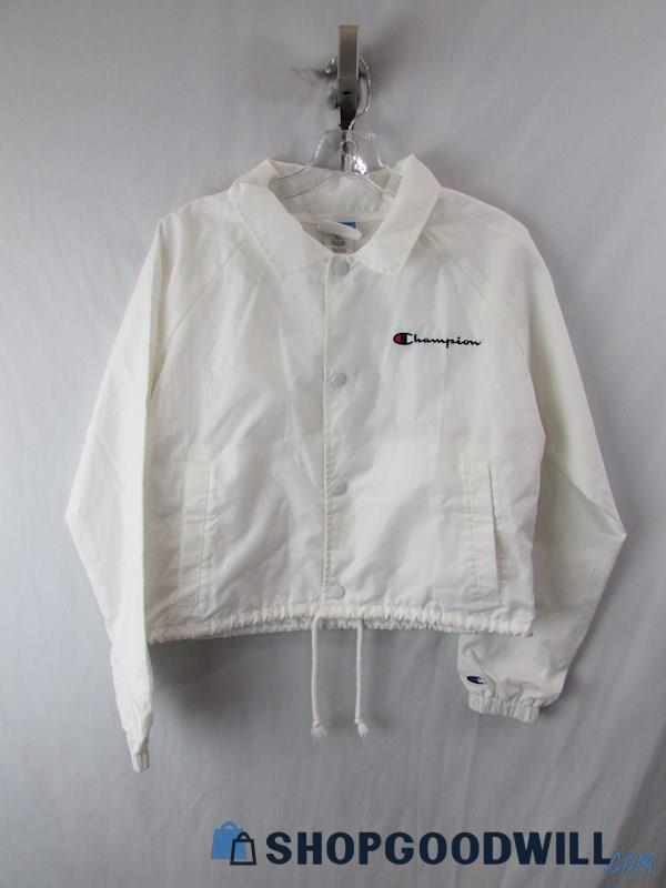 Champion Women's Embroidered White Cropped Snap Up Windbreaker Jacket SZ S