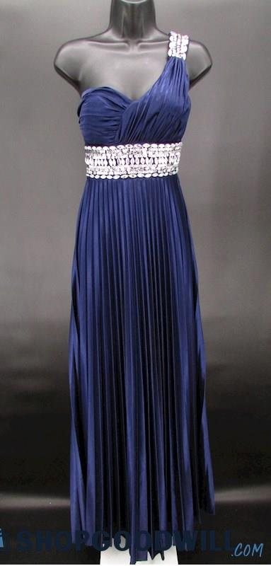 My Michelle Juniors Navy Blue Rhinestone Pleated One Shoulder Formal Gown SZ 5