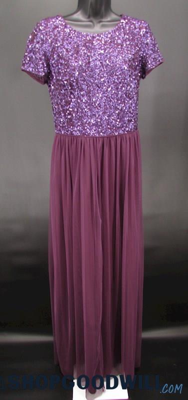 Adrianna Papell Women's Purple Sequin Cap Sleeve High Neck Formal Gown SZ 10