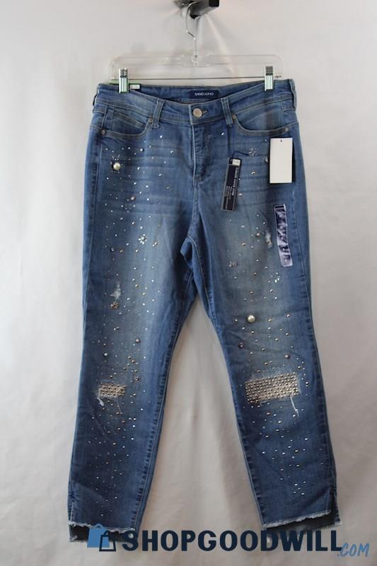 NWT Bandolino Women's Blue Curvy Cropped Distressed Studded Jean SZ 8