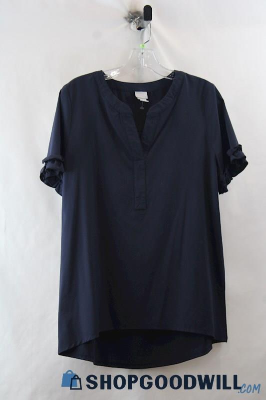 Chico's Women's Navy Ruffle Sleeve Notch Neck Blouse SZ 1/M