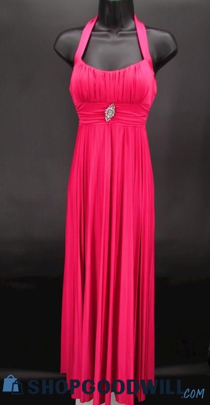 Speechless Juniors Hot Pink Halter Top Rhinestone Detail Column Formal Gown SZ M