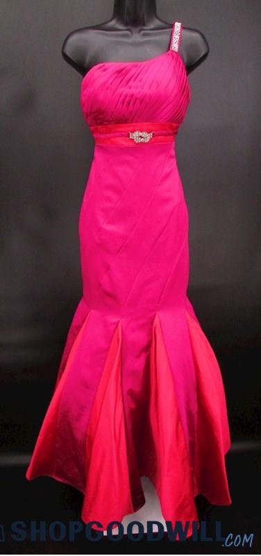 Xcite Women's Dark Pink Pleated One Shoulder Rhinestone Trumpet Formal Gown SZ 4