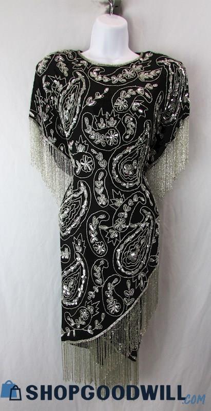 Lawrence Kazar Women's Vtg Black/Silver Sequin/Fringe Paisley Cocktail Dress 1X