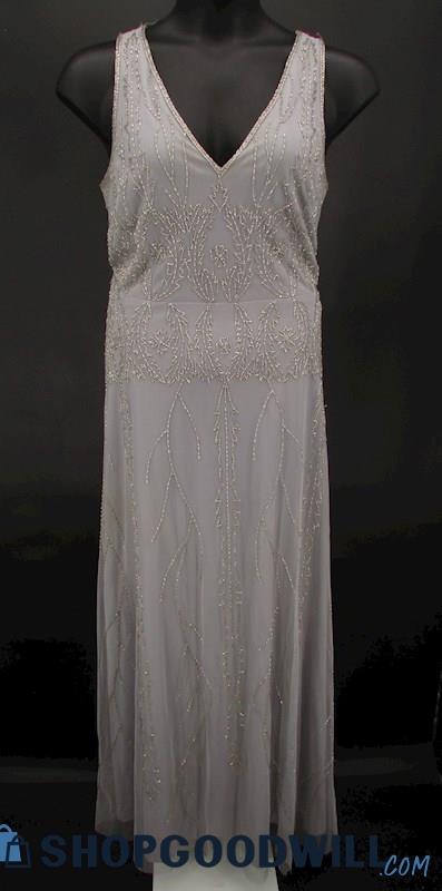 Papell Studio Women's Light Grey Beaded V Neck Full Length Formal Gown SZ 16