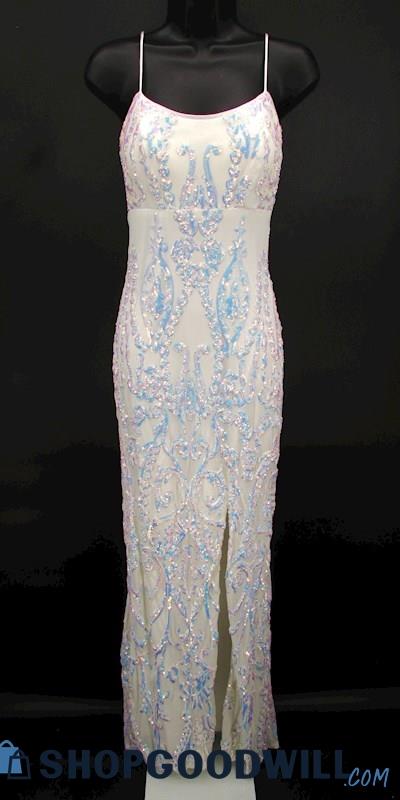 Betsey Adams Women's White Iridescent Sequin Scoop Neck Empire Waist Gown SZ 2