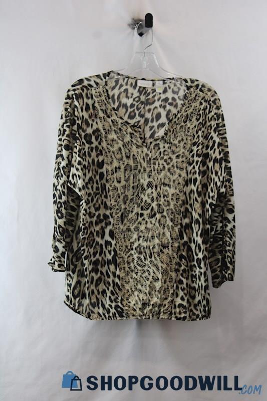 Chico's Women's Brown/Black Cheetah V Neck Long Sleeve Top sz L/12