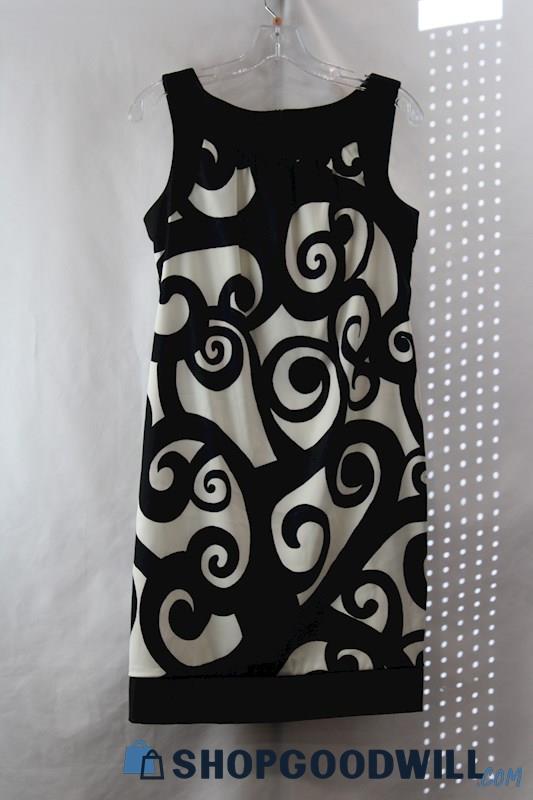 AGB Women's White/Black Swirl Pattern Boat Neck A-Line Shift Dress sz 6