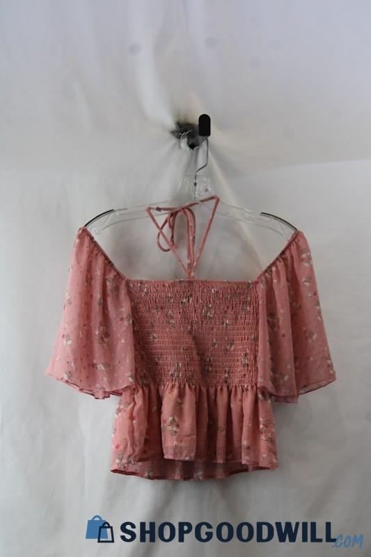 Altar'd State Women's Pink Floral OTS Smock Detail Cropped Blouse SZ M