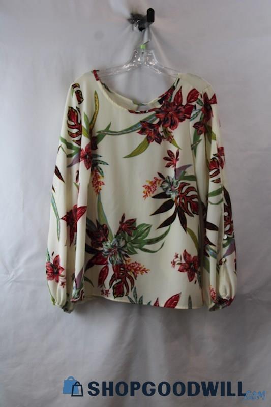 Day Trip Women's Ivory/Pink Floral Back Cut-Out Long Sleeve Blouse sz L