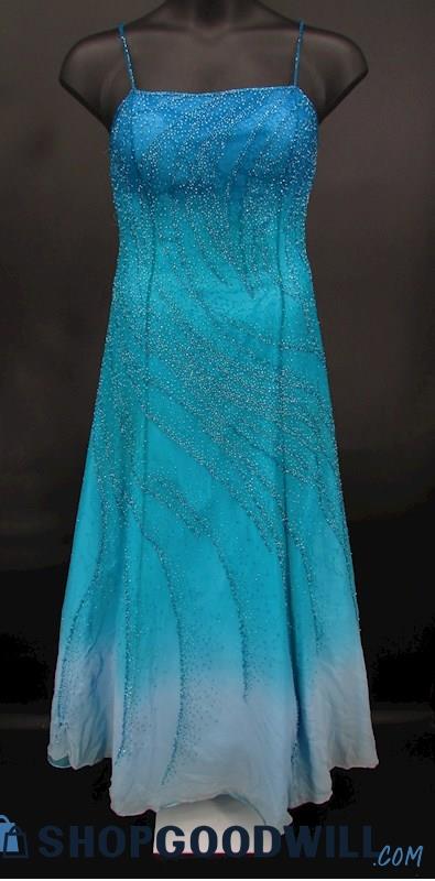 Alfred Angelo Women's Blue Ombre Beaded Spaghetti Strap Formal Gown SZ 12