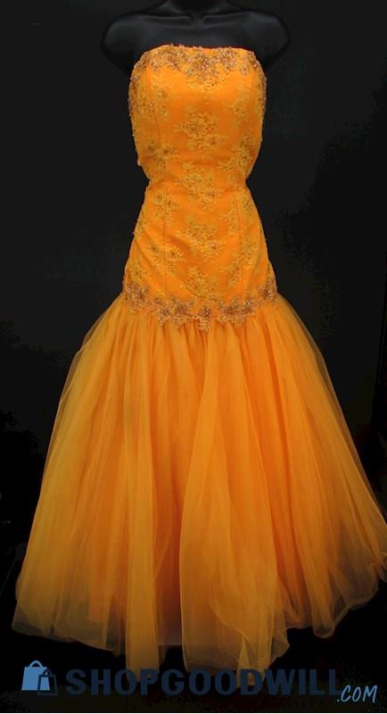 Alfred Angelo Women's Orange Lace Beaded Strapless Drop Waist Formal Gown