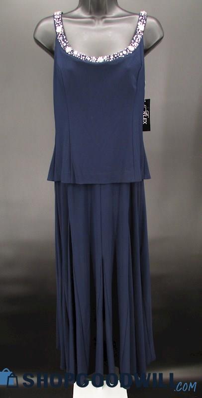 Alex Evenings Women's Navy Blue Beaded Scoop Neckline Formal Gown SZ 8