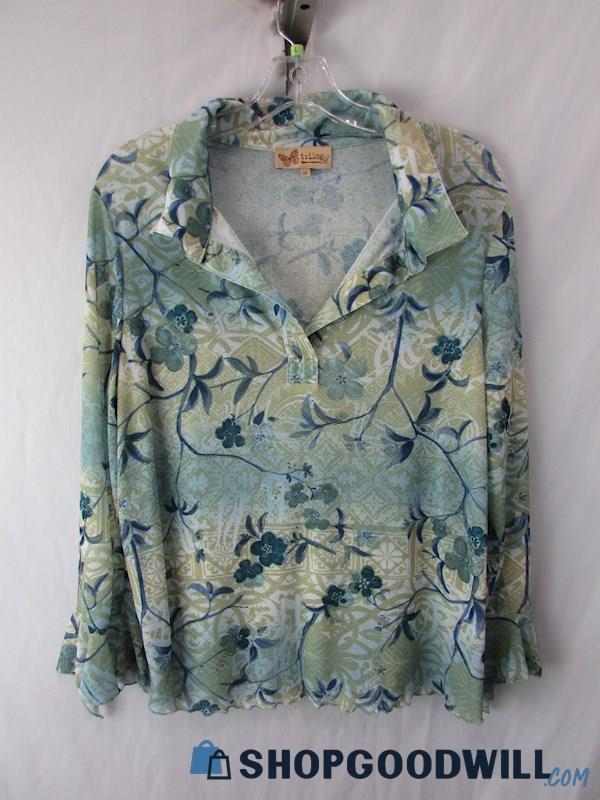 Trilogy Women's Blue/Green Floral Pattern Long Ruffle Sleeves Blouse SZ 1X