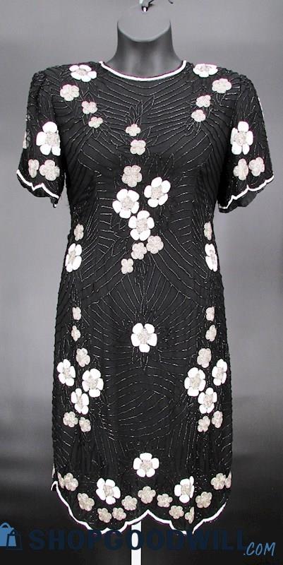 Scala Women's Vintage Black/White Flower Beaded Shift Formal Dress SZ XL