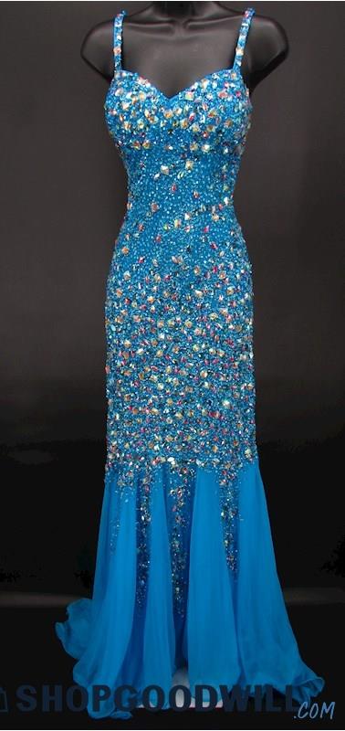 Jaoz Couture Women's Aqua Blue Rhinestone Sweetheart Formal Gown SZ 12