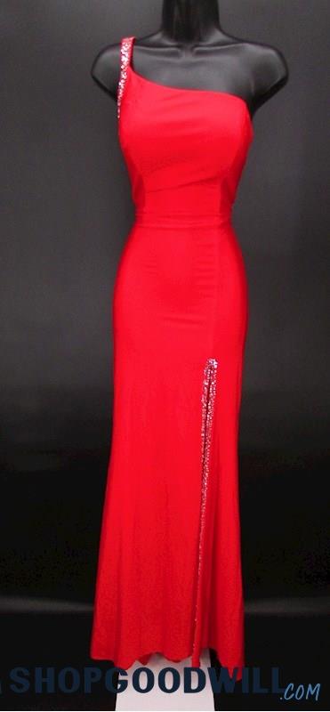 Sophia Thomas Women's Red Rhinestone One Shoulder Open Back Formal Gown SZ 4