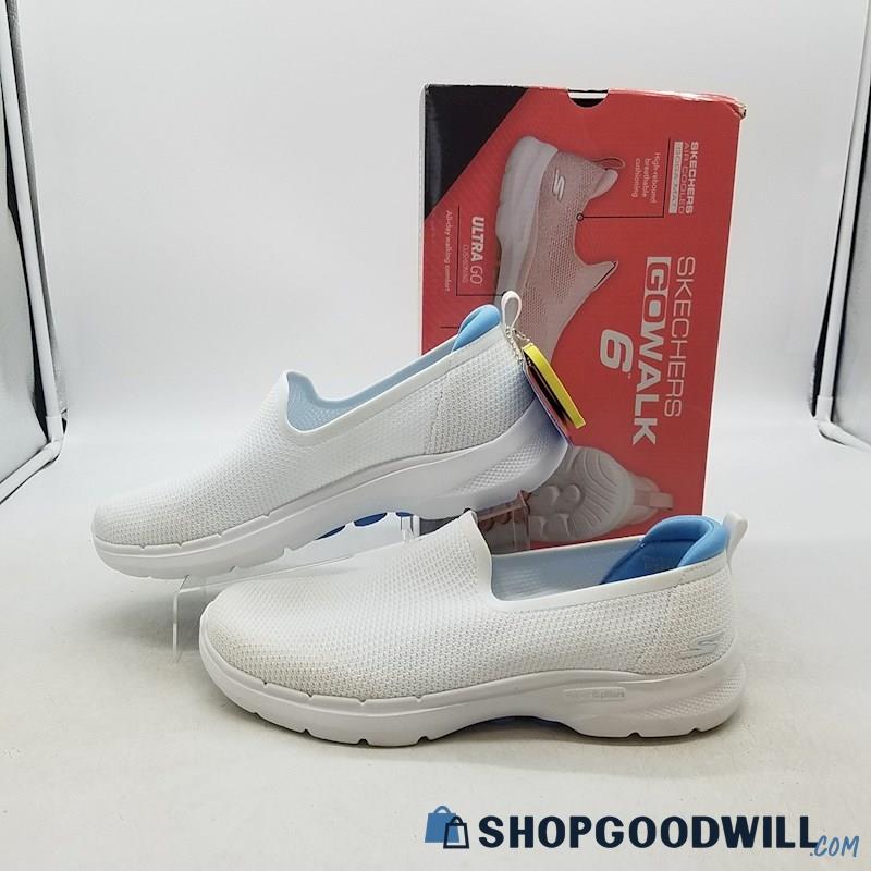 Skechers Women's GO Walk 6 Clear Virtue White/Blue Mesh Slip On Shoes Sz 11