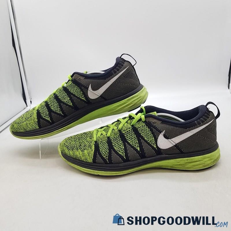 Nike Men's Flyknit Lunar 2 Black/Green Mesh Running Shoes Sz 13