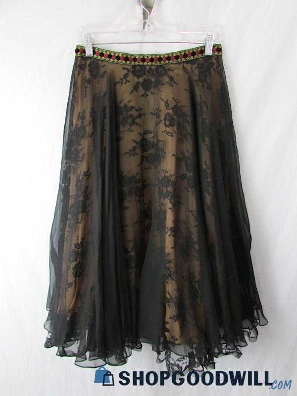 Don Lopez Originals Black/Tan Floral Lace Maxi Pleated Skirt SZ M