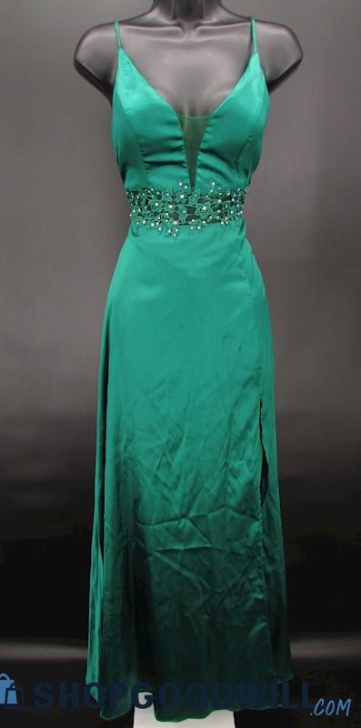 City Triangles Juniors Green V Neck Lace Cut Out Thigh Slit Formal Gown SZ 7