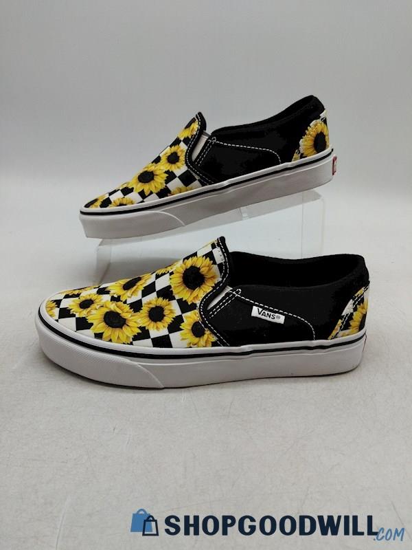 Vans Women's Yellow/Black Checker Sunflowers Classic Slip On Shoes SZ 5.5