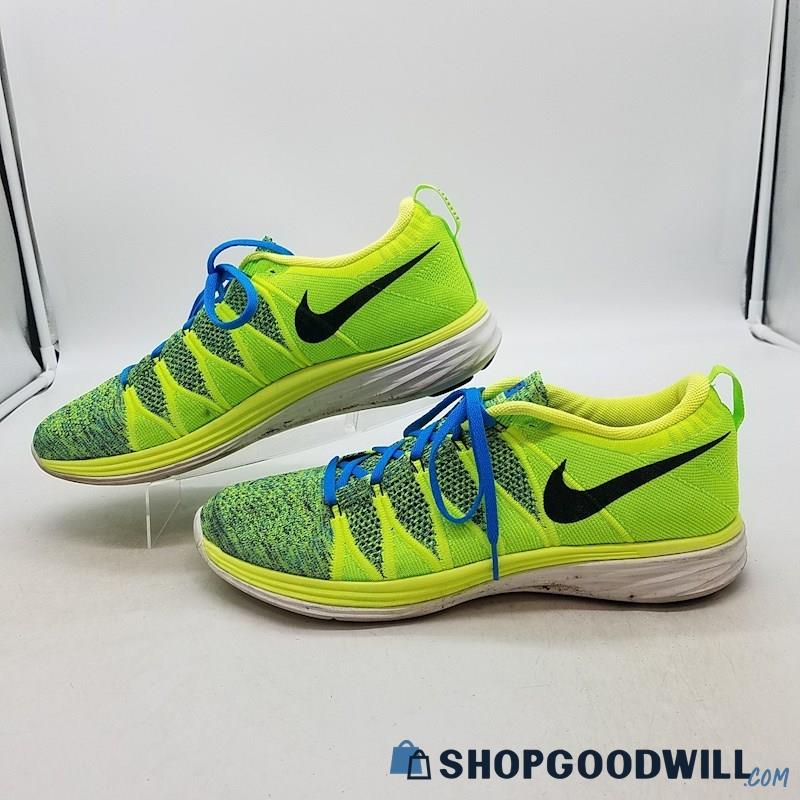 Nike Men's Flyknit Lunar 2 Neon Green Mesh Running Shoes Sz 13