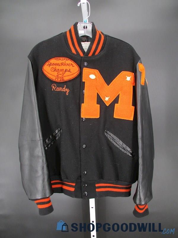 Macomb Bombers Men's Vintage Black/Orange Wool Snap-Up Patch Varsity Jacket 40