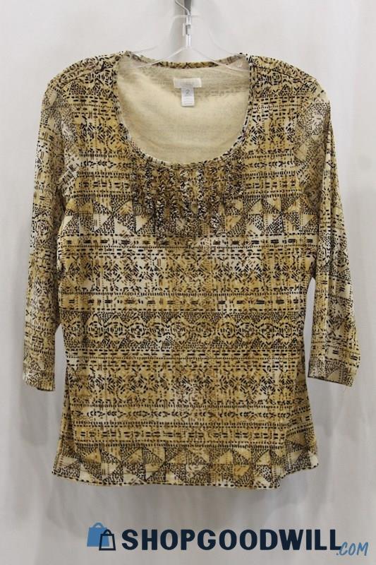 Chico's Women's Tan/Brown Design Pattern Long Sleeve Shirt SZ L