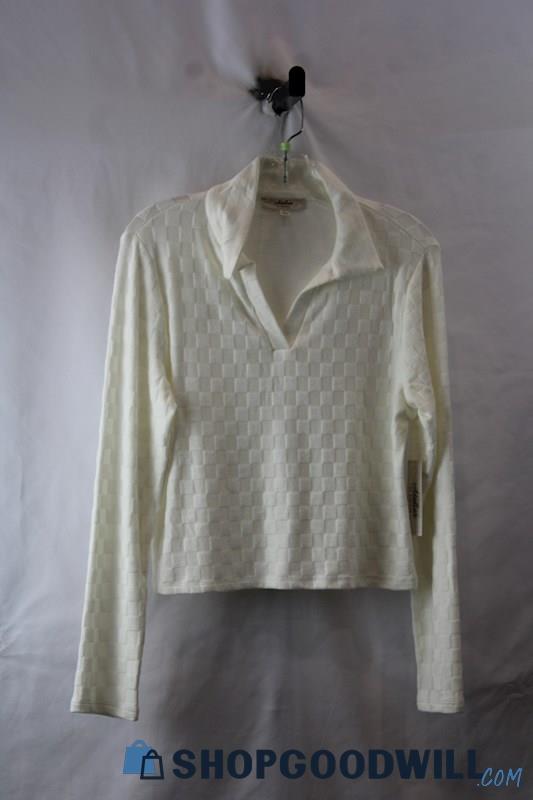 NWT Atelier Women's Ivory Checkered pattern V Neck Cropped Sweatshirt SZ L