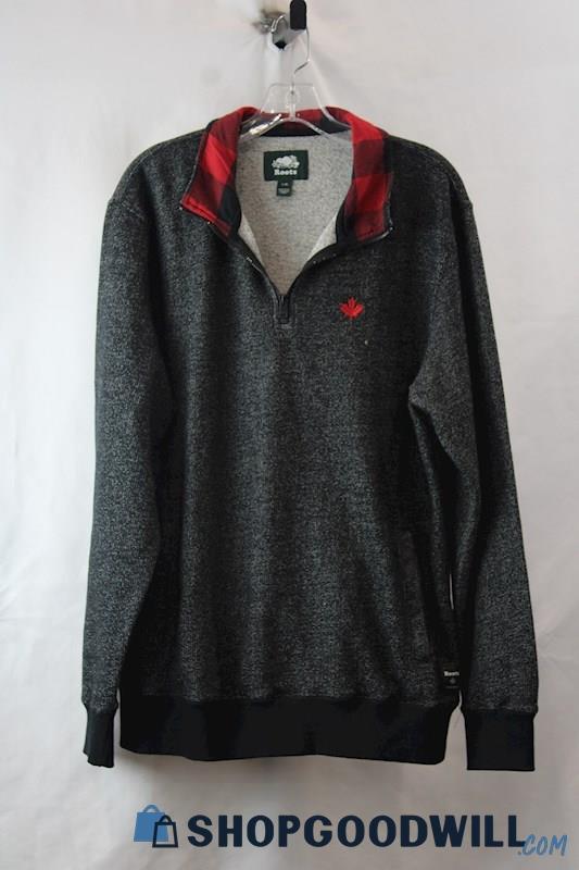 Roots Men's Charcoal Gray/Red Maple Leaf Graphic Henley Sweater sz L