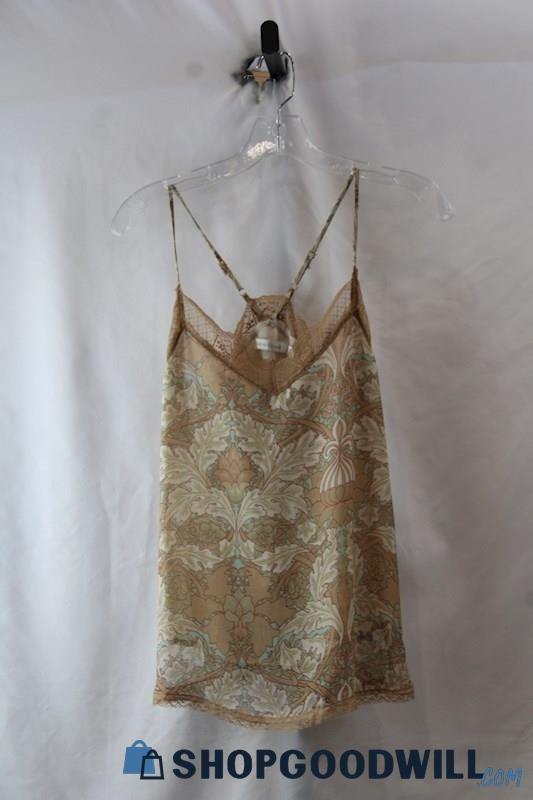 NWT Bishop & Young Women's Beige/Blue Patterned Lace Trim Tank Top SZ XS