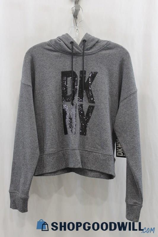 NWT DKNY Women's Gray/Black Sequin Logo Pullover Crop Hoodie SZ S