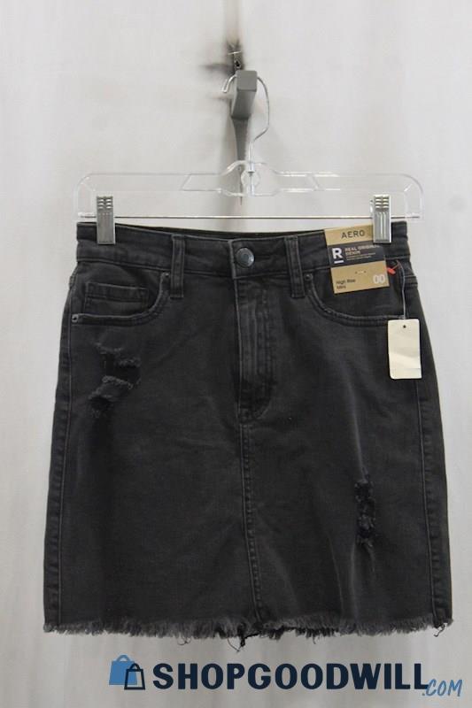 NWT Aero Womens Dark Gray Frayed Denim Mini Skirt Sz 00