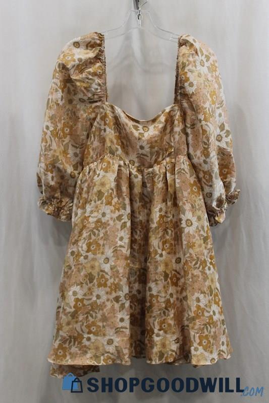 NWT Storia Women's Tan/White Floral Print Blouson Dress SZ L