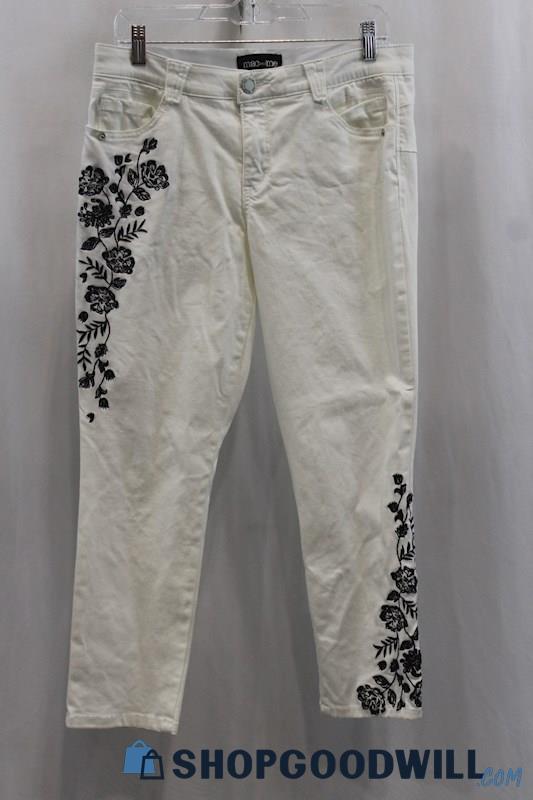 Mac & Me Women's White/Black Floral Stitches Ankle Jean SZ 8