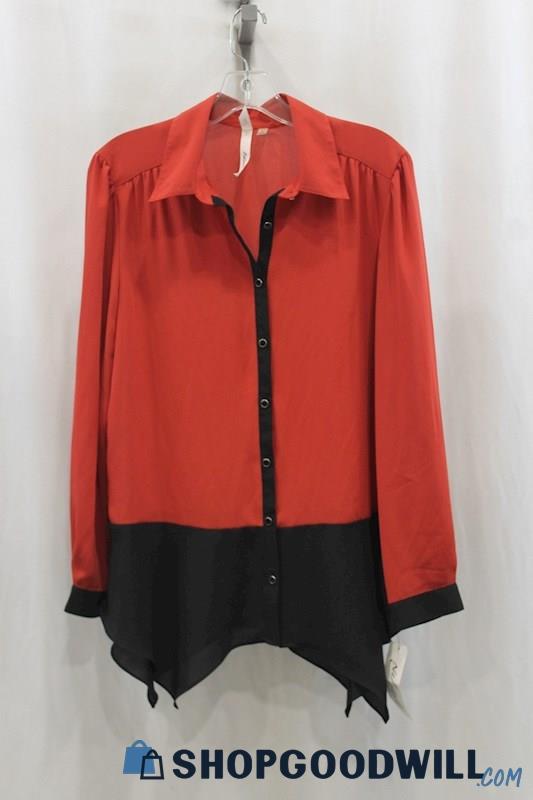 NWT Ny Collection Womens Burnt Red/Black Button Down Blouse Sz M