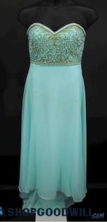 Madison James Women's Aqua Blue Beaded Rhinestone Strapless Formal Gown SZ 12