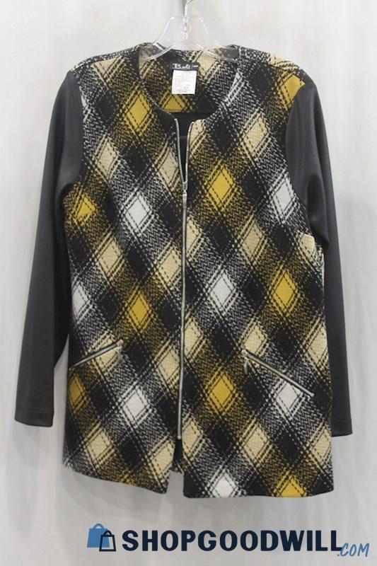 Bali Women's Yellow/Black Plaid Full Zip Sweater SZ M