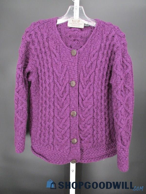 Aran Sweater Market Women's Purple Cable Knit Wool Cardigan Sweater SZ XL