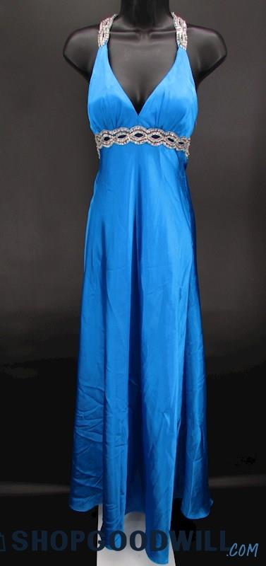 Blondie Nites Juniors Blue Beaded V Neck Open Back Formal Gown SZ 1