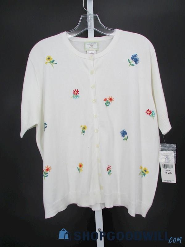 Susan Bristol Women's Vtg White Flower Embroidered Cardigan Sweater SZ 1W