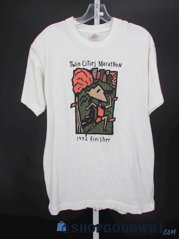 1992 Twin Cities Marathon Men's White Graphic Single Stitch T-Shirt SZ L