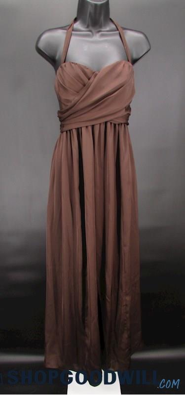 Tevolio Women's Brown Halter Neck Draped Column Formal Gown SZ 8