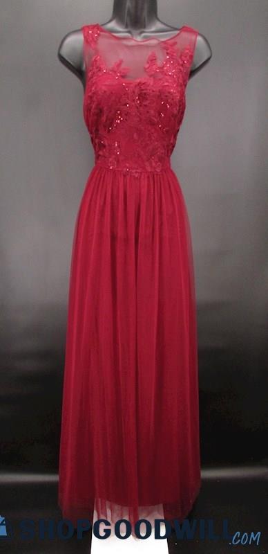 David's Bridal Women's Maroon Embroidered Illusion High Neck Formal Gown SZ 4